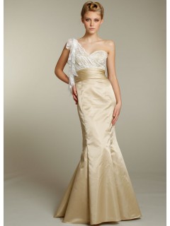 Hot Selling Mermaid/Trumpet One-shoulder Fabulous Lace Long Gold Satin Bridesmaid Dresses WPBD-613