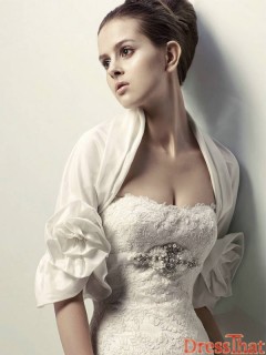 Gorgeous Unique Hand-made Flower Half Sleeves White Taffeta Wedding Wrap WW-8033