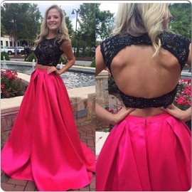 Glamorous Two-Piece Scoop Sweep Train Fuchsia Satin Homecoming Dress with Black Lace
