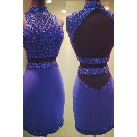 Sexy Two-Piece Sheath High Neck Short Royal Blue Satin Homecoming Dress with Beading