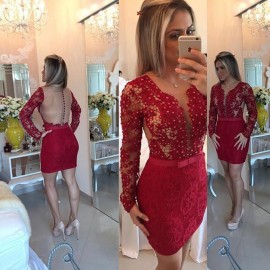 Gorgeous Sheath V-Neck Short Long Sleeves Red Lace Homecoming Dress with Beading