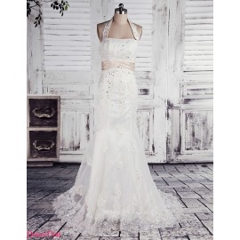 Mermaid Halter Rhinestones Lace Appliques Sweep Train Long Organza Wedding Dress WMD-8071