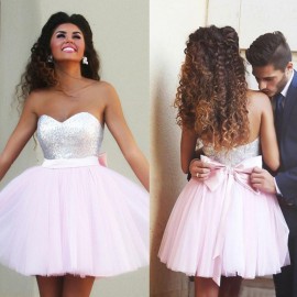 Sweety Ball Gown Sweetheart Short Pink Tulle Homecoming Dress with Sequins