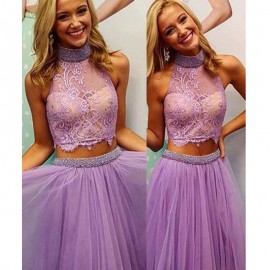 New Arrival Two-Piece High Neck Floor-Length Lilac Tulle Homecoming Dress with Lace Appliques
