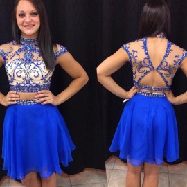 Two-piece High Neck Short Royal Blue Open Back Homecoming Dress with Beading