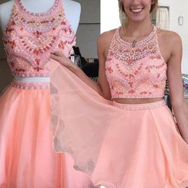 Two-piece Halter Short Pink Chiffon Open Back Homecoming Dress with Beading