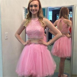 Two-piece Halter Short Pink Organza Open Back Homecoming Dress with Beading