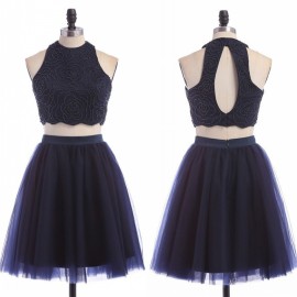 Two-piece Scoop Knee-Length Navy Blue Organza Open Back Beaded Homecoming Dress