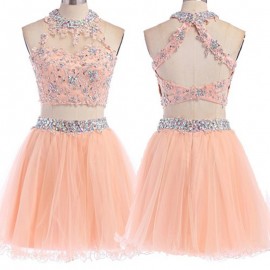 Two-piece Halter Short Coral Tulle Homecoming Dress with Appliques Beading