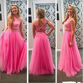 Gorgeous Two-piece Scoop Floor-Length Pink Tulle Homecoming Dress with Lace