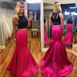 New Arrival Two-Piece Mermaid Scoop Sweep Train Black Fuschia Satin Homecoming Dress