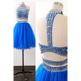 Sexy Two-Piece Halter Short Royal Blue Organza Homecoming Dress with Beading