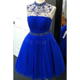 Gorgeous A-Line High Neck Short Royal Blue Tulle Homecoming Dress with Beading