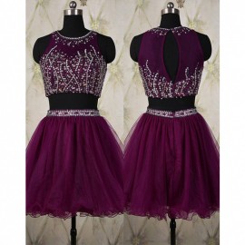 Sexy Two-Piece A-Line Halter Short Grape Organza Homecoming Dress with Beading