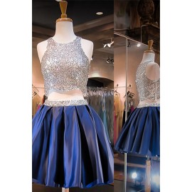 Gorgeous Two-Piece A-Line Scoop Short Silver Satin Homecoming Dress with Beading