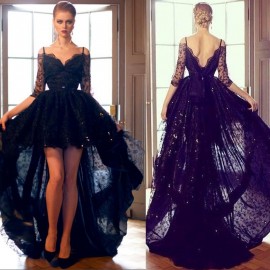 Sexy A-Line Spaghetti Straps V-Neck Hi-Lo Black Lace Homecoming Dress With Beading