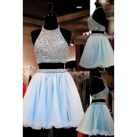 Fashion Two-Piece A-Line Halter Short Blue Organza Homecoming Dress with Beading