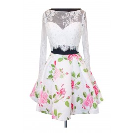Sexy Two-Piece A-Line Bateau Short Floral Print Satin White Lace Homecoming Dress with Beading