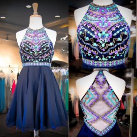 A-Line Halter Beading Short Navy Blue Chiffon Homecoming Dress  