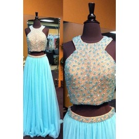 A-Line Two-Piece Halter Beading Blue Chiffon Homecoming Dress