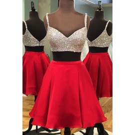 Two-Piece Spaghetti Beading Knee-Length Red Satin Homecoming Dress