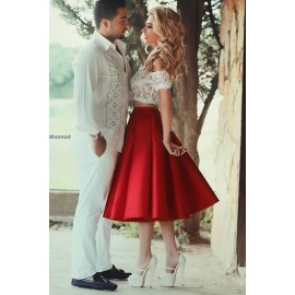 Two-Piece Off the Shoulder White Lace Tea-Length Red Satin Homecoming Dress 