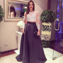 Two-Piece A-Line Scoop Appliques Black Satin Homecoming Dress