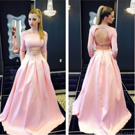 Two-Piece Bateau Beading Sweep Train Pink Satin Homecoming Dress 