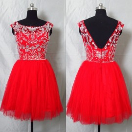 A-Line Bateau Beading Short Red Tulle Homecoming Dress 