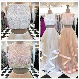 Two-Piece Bateau Beading Long Silver/Champagne Tulle Homecoming Dress 