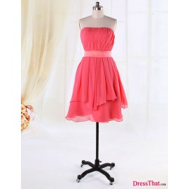 Simple Elegant A-line Strapless Ruched Pink Chiffon Satin Sash Bridesmaid Dress BD-50056