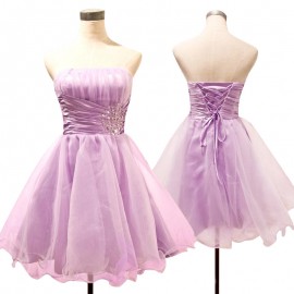 A-Line Strapless Knee-Length Lilac Organza Beaded Homecoming Dress with Ruched