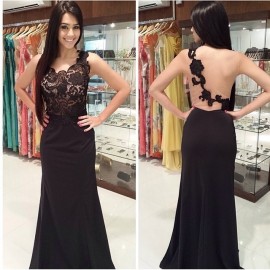 Stunning One-Shoulder Trumpet Brush Black Chiffon Lace Prom/Homecoming Dress