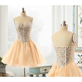 Modern A-Line Sweetheart Short Champagne Organza Homecoming Dress with Beading