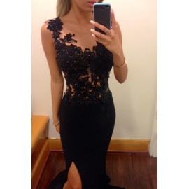 Mermaid Scoop Black Chiffon Split-front Sweep Train Prom Dress with Appliques